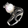 925 Pierścionek zjawiskowy srebrny naturalne markazyty perła r 15 wąż