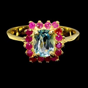 Delikatny elegancki pierścionek srebro natural sky blue topaz rubiny r 13.5
