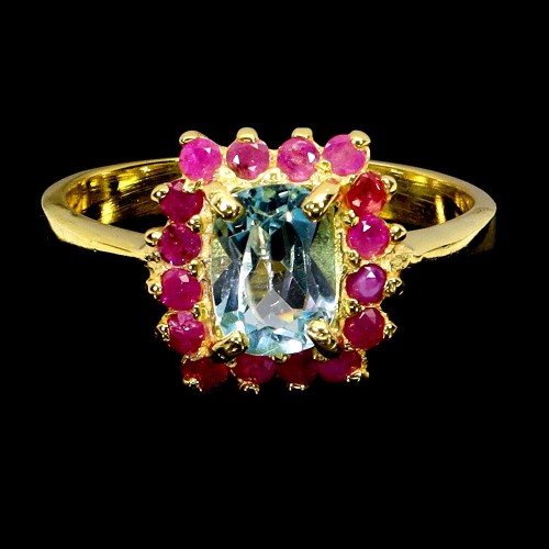Delikatny elegancki pierścionek srebro natural sky blue topaz rubiny r 13.5