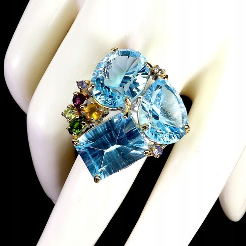 Zjawiskowy pierścionek srebrny naturalne topazy swiss blue 38.6 ct r 16