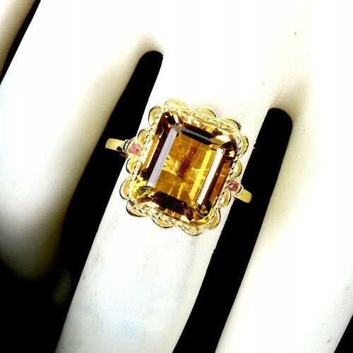 Zjawiskowy elegancki pierścionek srebrny naturalny cytryn rubiny r 14 925