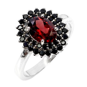 925 Pierścionek elegancki srebrny naturalny granat czarne spinele r 16.5
