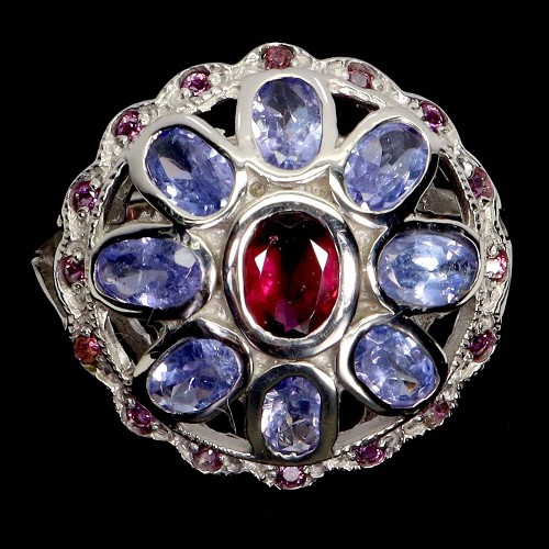 Pierścionek srebrny elegancki naturalne rodolity granaty tanzanity r 17 925