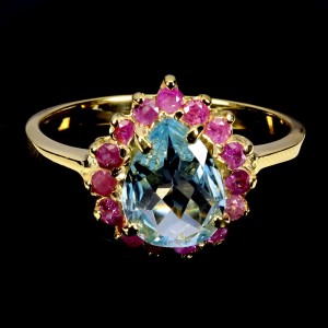 Delikatny elegancki pierścionek srebro naturalny sky blue topaz rubiny r 14