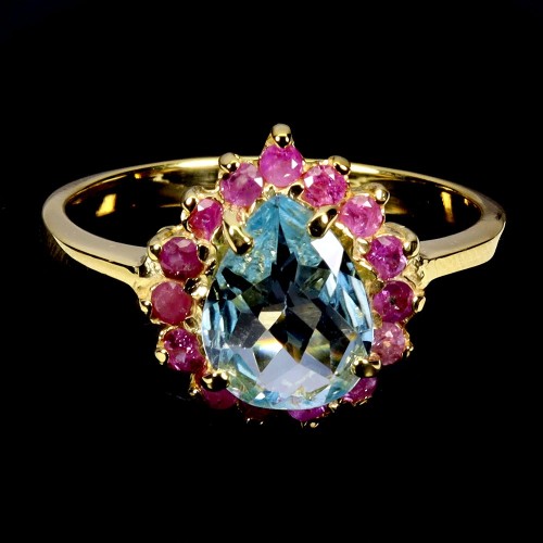 Delikatny elegancki pierścionek srebro naturalny sky blue topaz rubiny r 14