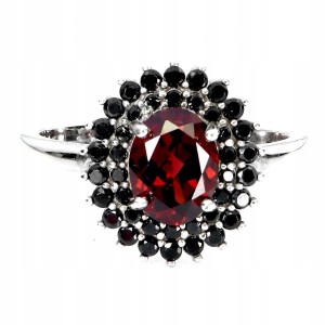925 Pierścionek elegancki srebrny naturalny granat czarne spinele r 14