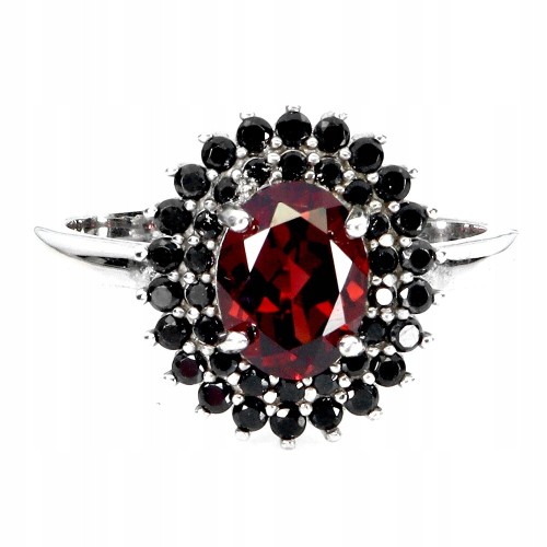 925 Pierścionek elegancki srebrny naturalny granat czarne spinele r 14