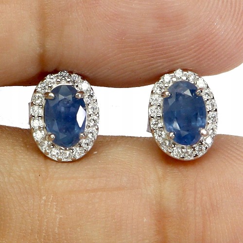 925 Kolczyki srebrne delikatne naturalne niebieskie szafiry cyrkonie 3