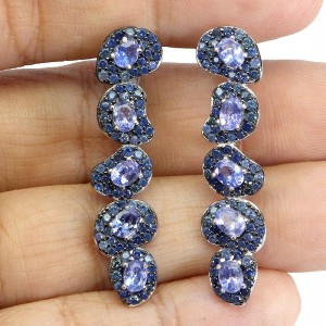 3 925 Kolczyki zjawiskowe srebrne naturalne niebieskie szafiry tanzanity