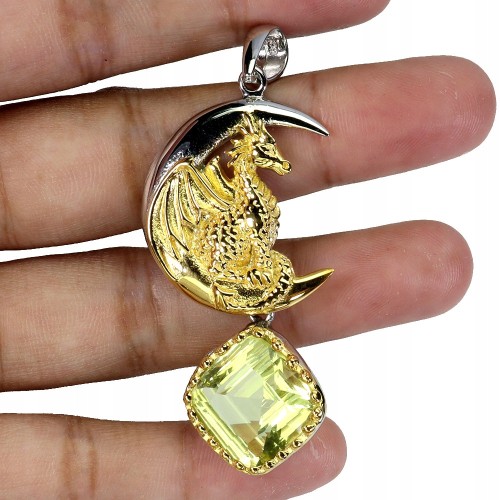 Zjawiskowy srebrny wisiorek naturalny 13 ct lemon kwarc 925 smok wywerna