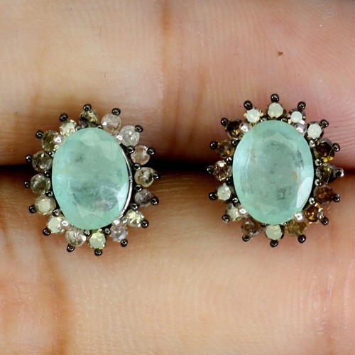 Delikatne srebrne kolczyki naturalne diamenty szmaragdy 925 3
