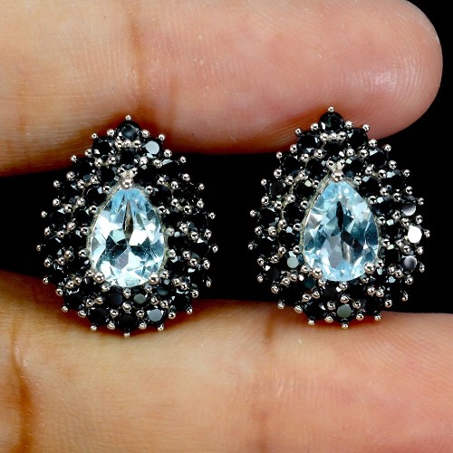 3 Srebrne eleganckie kolczyki naturalne topazy sky blue czarne spinele