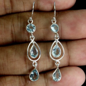 Srebrne wiszące delikatne eleganckie kolczyki naturalne topazy sky blue 3