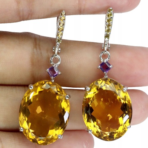3 Zjawiskowe srebrne wiszące eleganckie kolczyki naturalne cytryny 41 ct