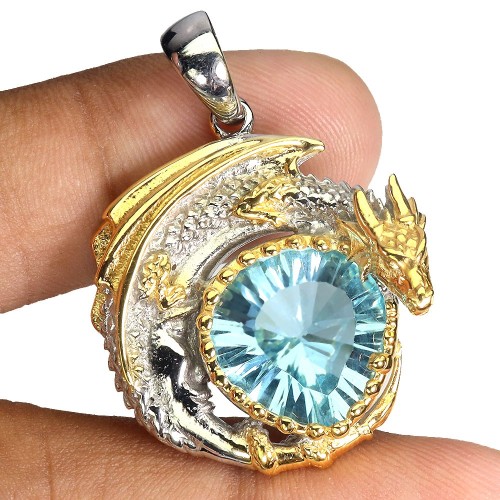 Zjawiskowy srebrny wisiorek naturalny 13 ct topaz swiss 925 smok wywerna