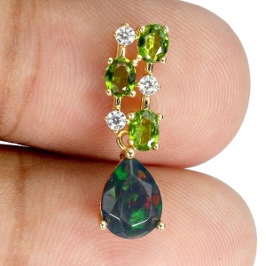 Delikatny elegancki wisiorek srebro naturalny opal czarny diopsydy cyrkonie
