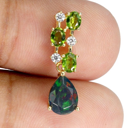 Delikatny elegancki wisiorek srebro naturalny opal czarny diopsydy cyrkonie