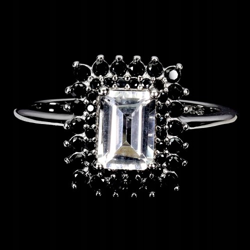 925 Srebrny elegancki pierścionek naturalny biały topaz czarne spinele r 17