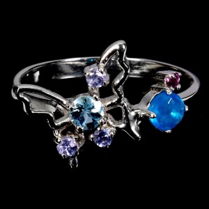925 Pierścionek delikatny naturalne tanzanity topaz opal granat motyl r 17