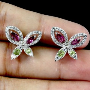 Srebrne delikatne eleganckie kolczyki granaty oliwiny naturalne motyl 3