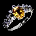 Pierścionek srebrny 925 elegancki naturalne tanzanity cytryn r 14