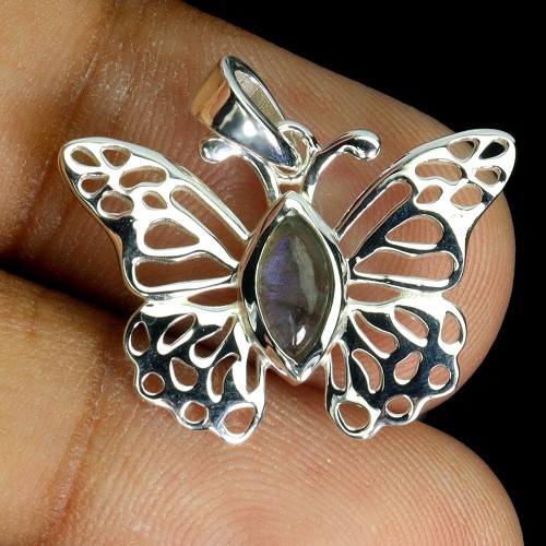 Wisiorek delikatny srebrny naturalny labradoryt motyl 925