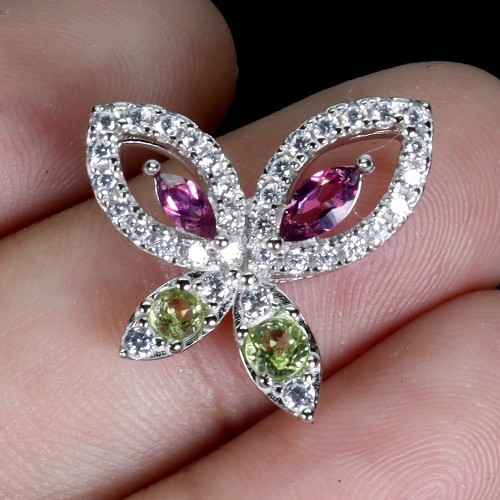Wisiorek delikatny srebrny naturalne oliwiny granaty rodolity motyl 925