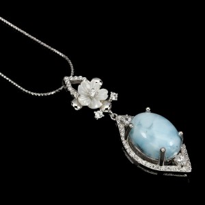 925 silver larimar cubic zirconia flower necklace