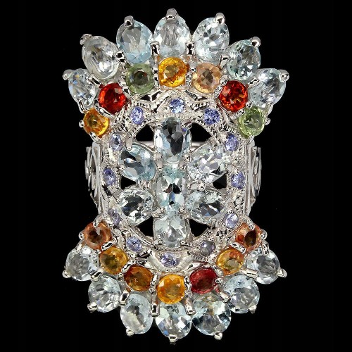 Pierścionek srebrny akwamaryny 925 r 17 szafiry