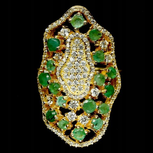 Pierścionek naturalne szmaragdy cyrkonie 925 14.5