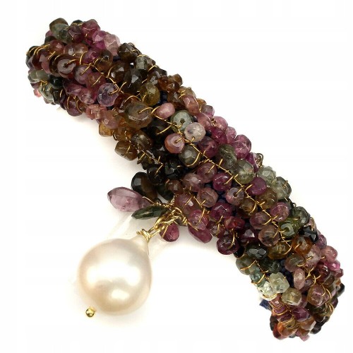 Artystyczna bransoletka naturalne turmaliny perła metal skóra