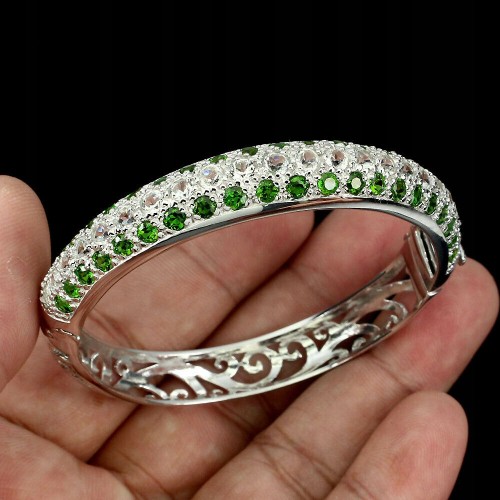 Srebrna bransoleta biały kwarc diopsydy