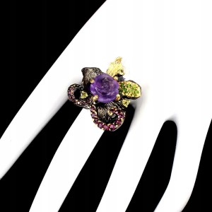 Piękny pierścionek naturalne ametysty diopsydy 925