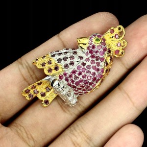 Piękna srebrna broszka naturalne diopsydy rubiny