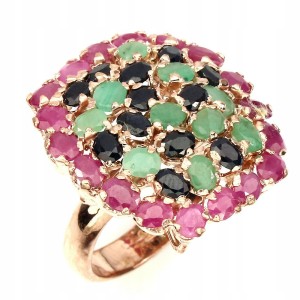 Srebrny pierścionek szmaragdy rubiny szafiry 17.5