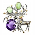 Brooch Amethyst Perhenite Sapphires Deer 24.68ct