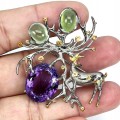 Brooch Amethyst Perhenite Sapphires Deer 24.68ct