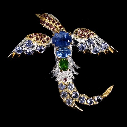 Silver brooch kianite 925 natural bird sapphires