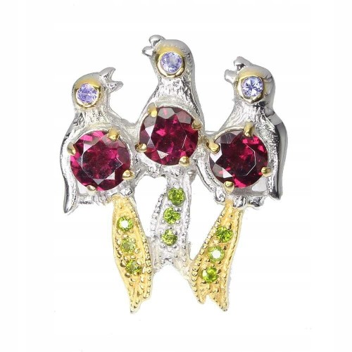 Broszka srebro granat 925 naturalne tanzanity ptak