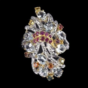 Silver aquamarine rubies ring size 18.5