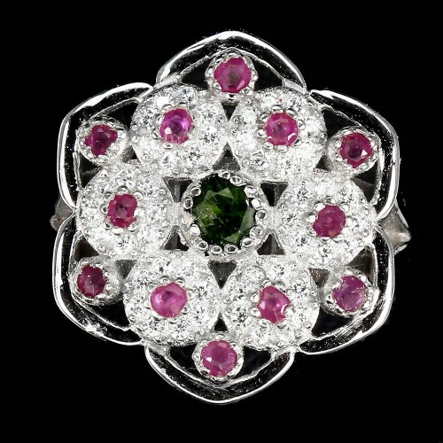 Pierścionek naturalne rubiny diopsyd kwiat r 11.5