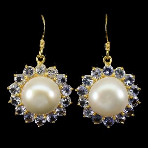 Srebrne kolczyki naturalne perły tanzanity 925 9