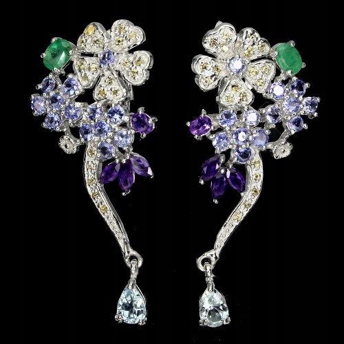 Flowers silver earrings aquamarine sapphires 925 2