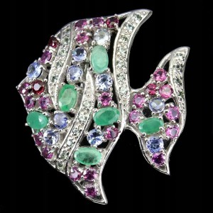 Srebrna broszka granaty szmaragdy szafiry ryba