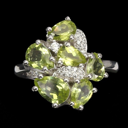 Natural olivine ring, size 16 silver cubic zirconia