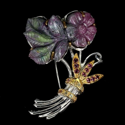 Silver brooch sapphires ruby zoisite flower  beauty4