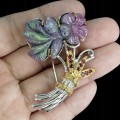Silver brooch sapphires ruby zoisite flower  beauty4