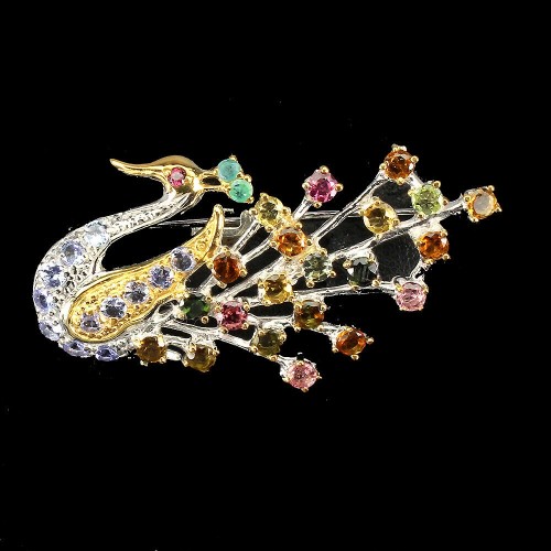 Broszka paw turmaliny szmaragdy srebrna 925