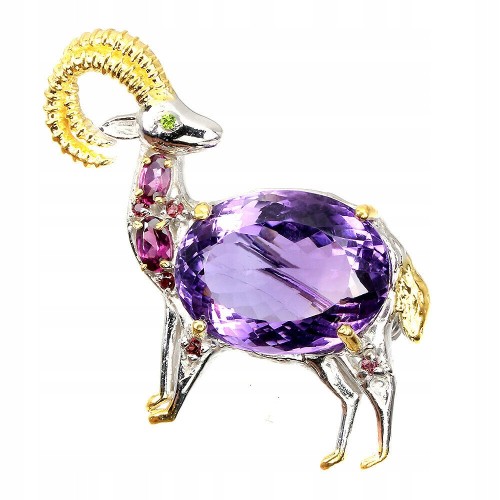 Broszka srebrna kozioł 22.20ct ametyst granaty 925