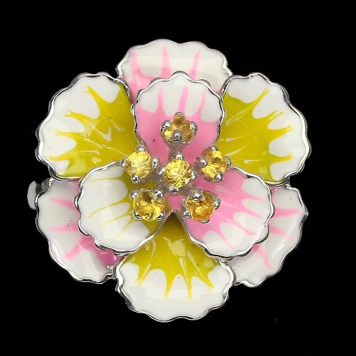 Ring, 925 silver, enamel, sapphire flower, size 17